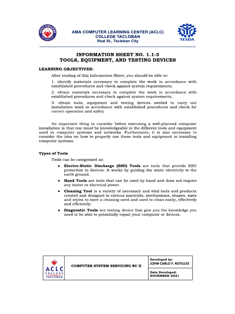 Information Sheet 1.1-3 Tools, Equipment and Materials | PDF