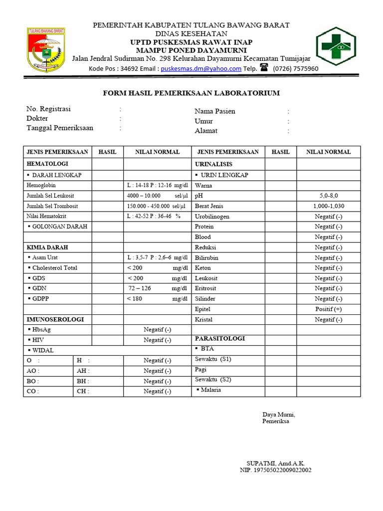 Form Hasil Pemeriksaan Laboratorium | PDF