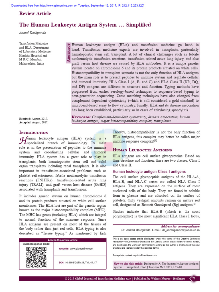 The Human Leukocyte Antigen System Simplified | PDF | Human Leukocyte ...