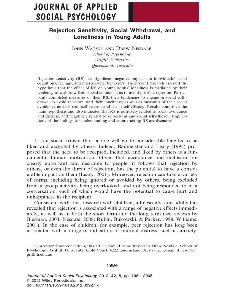 Rejection Sensitivity and Loneliness in Youth | PDF | Self Efficacy ...