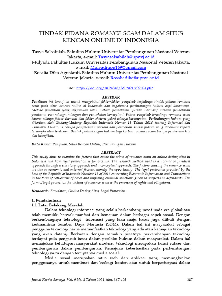 quot Tindakan Pidana Romance Scam Dalam Situs Kencan Online Di Indonesia