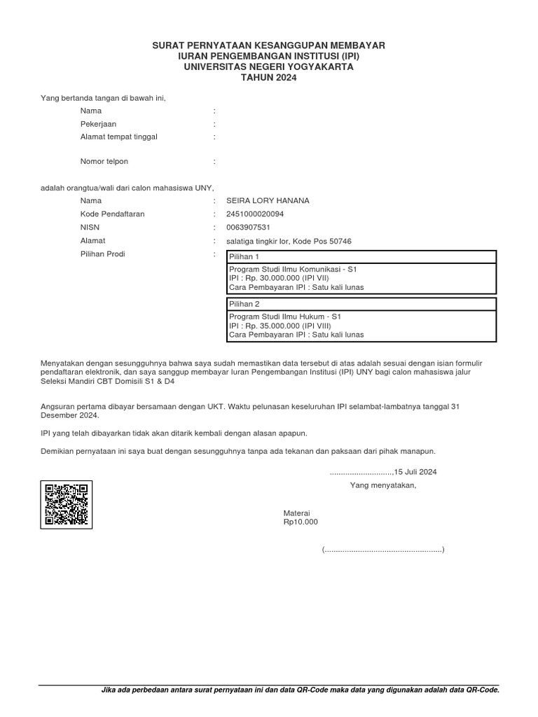 Surat Pernyataan IPI UNY 2024 | PDF