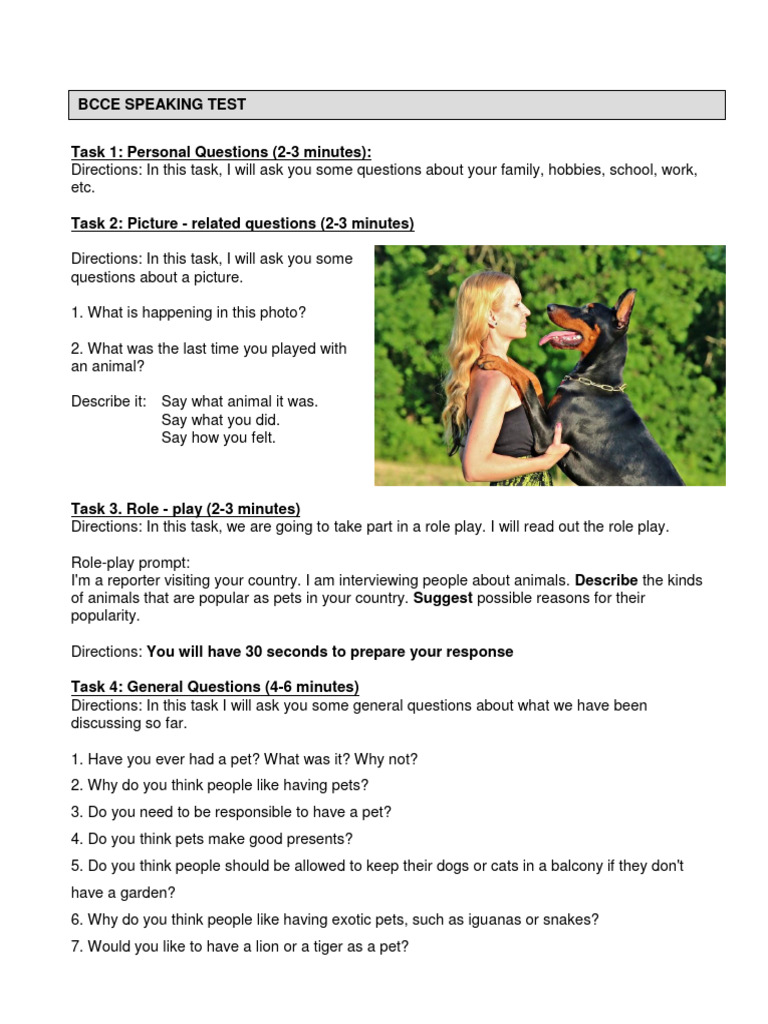 BCCE Speaking Test: Pets Discussion | PDF