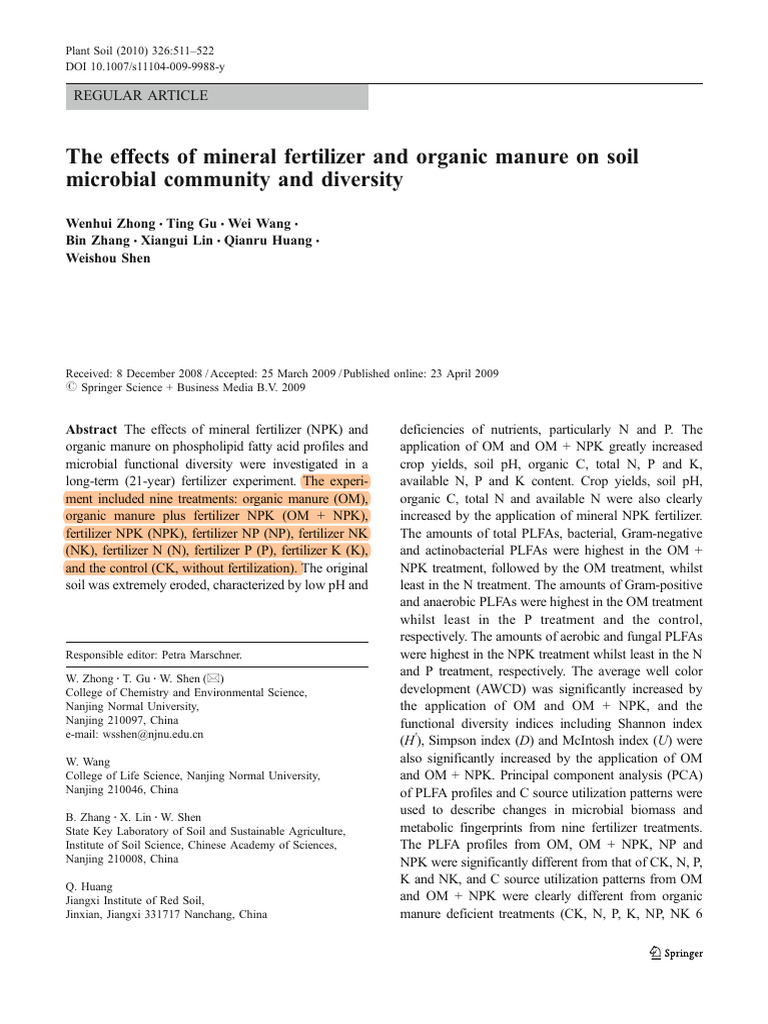 Fertilizer Impact on Soil Microbial Diversity | PDF | Soil | Fertilizer