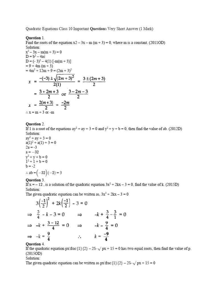 Class 10 Quadratic Equations: Key Questions | PDF | Speed | Square Root