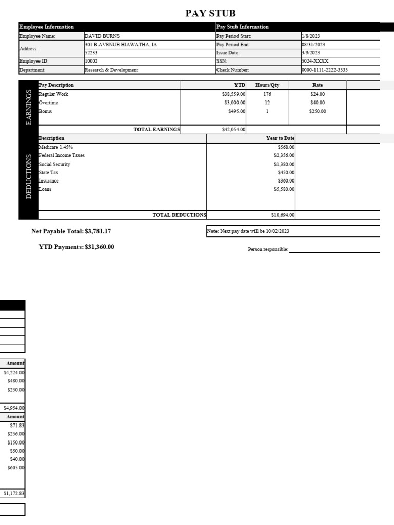 Year To Date Pay Stub Template | PDF | Paycheck | Economy Of The United