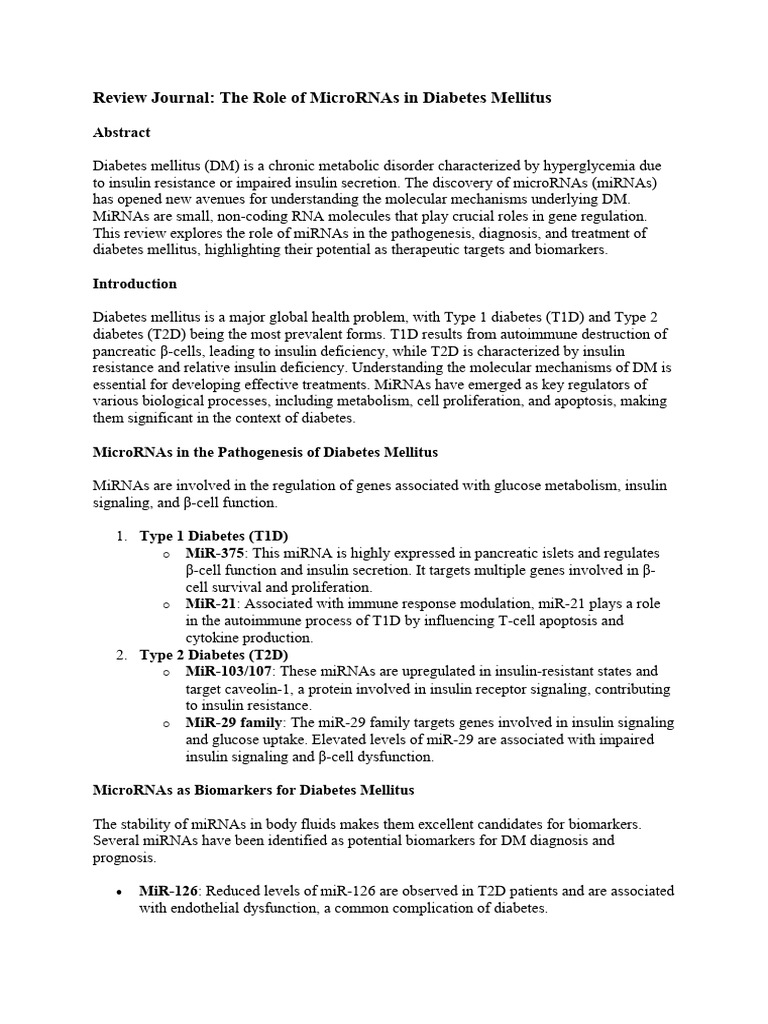 MicroRNAs in Diabetes Mellitus Insights | PDF | Micro Rna | Diabetes