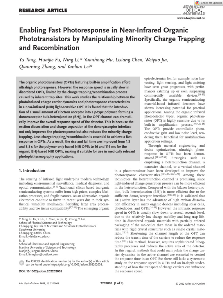 Advanced Optical Materials - 2022 - Tang - Enabling Fast Photoresponse ...
