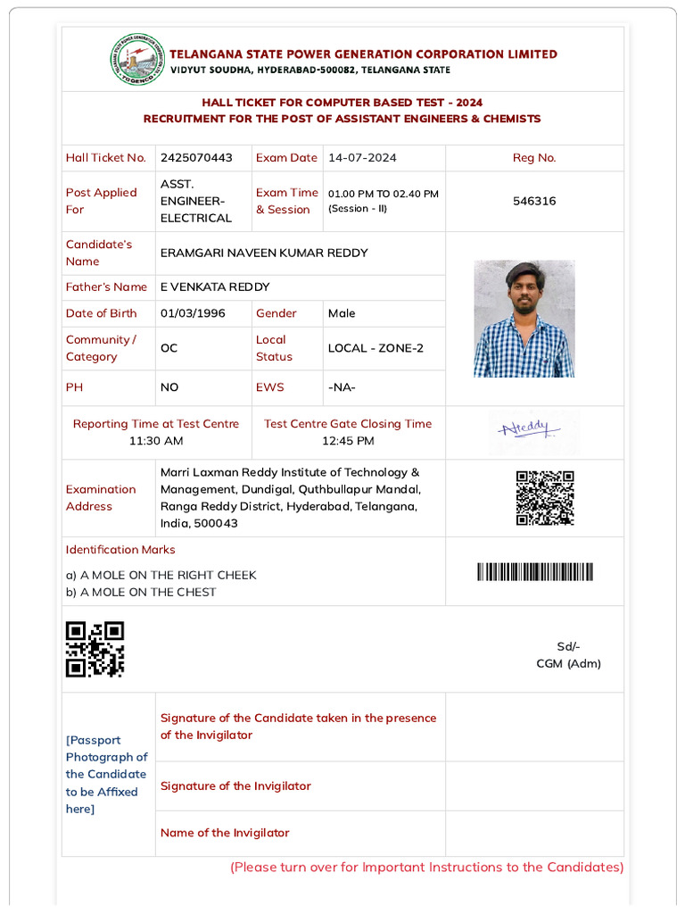 TG Genco Assistant Engineer Exam Ticket | PDF | Identity Document
