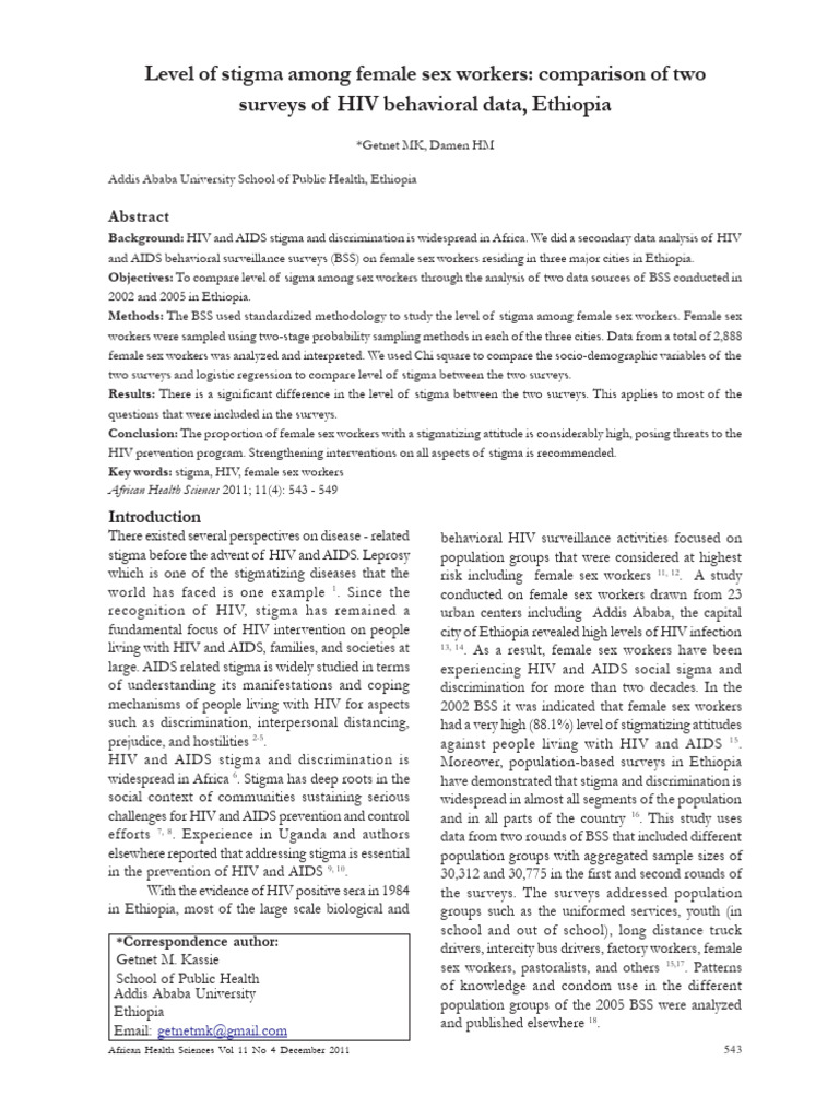 Stigma Levels Among Ethiopian Sex Workers | PDF | Social Stigma ...