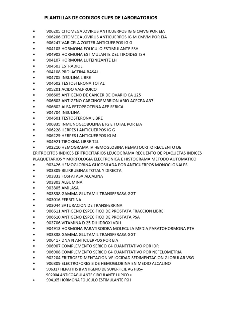 Códigos CUPS para Pruebas de Laboratorio | PDF | Anticuerpo | Hormona ...