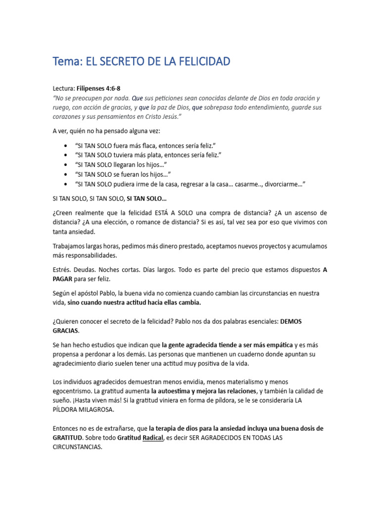 Tema - EL SECRETO DE LA FELICIDAD | PDF | Gratitud | Felicidad