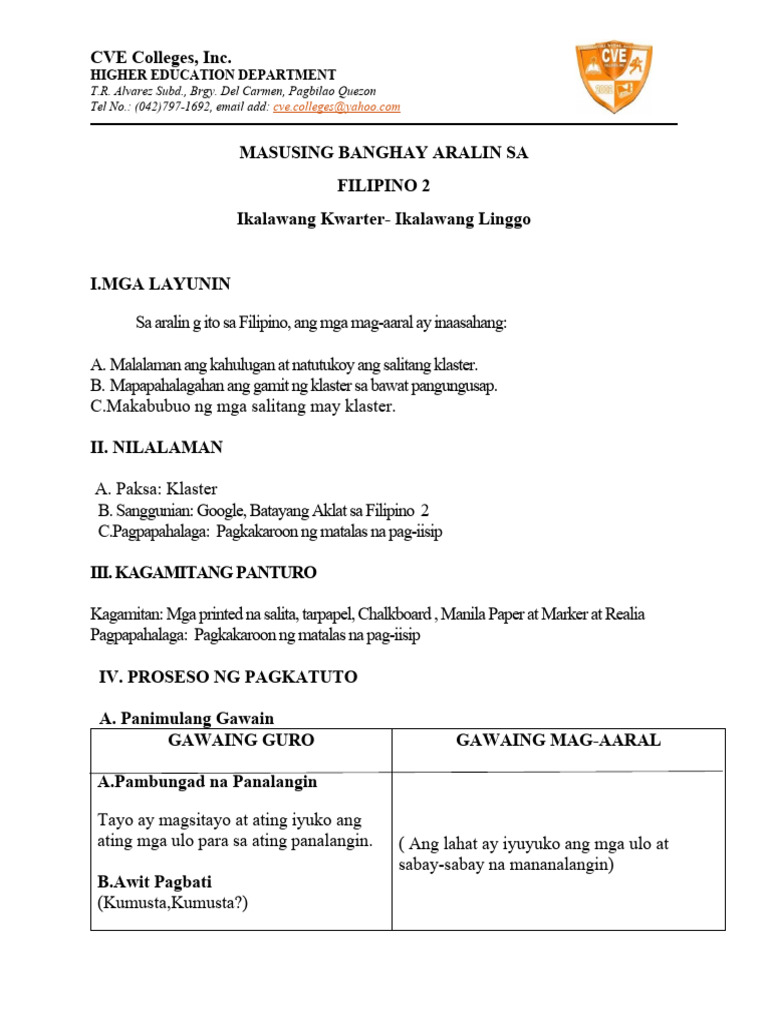 Lesson Plan in Filipno 2-Klaster | PDF
