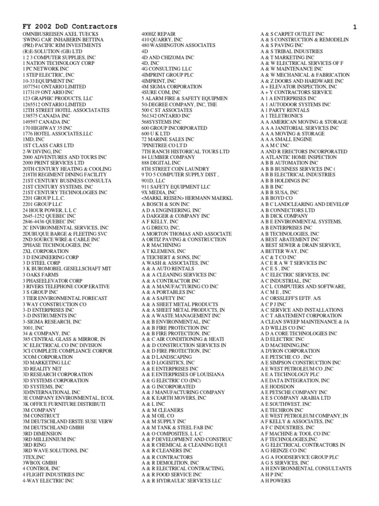 FY 2002 DoD Contractor List | PDF | Engineering | Telemetry