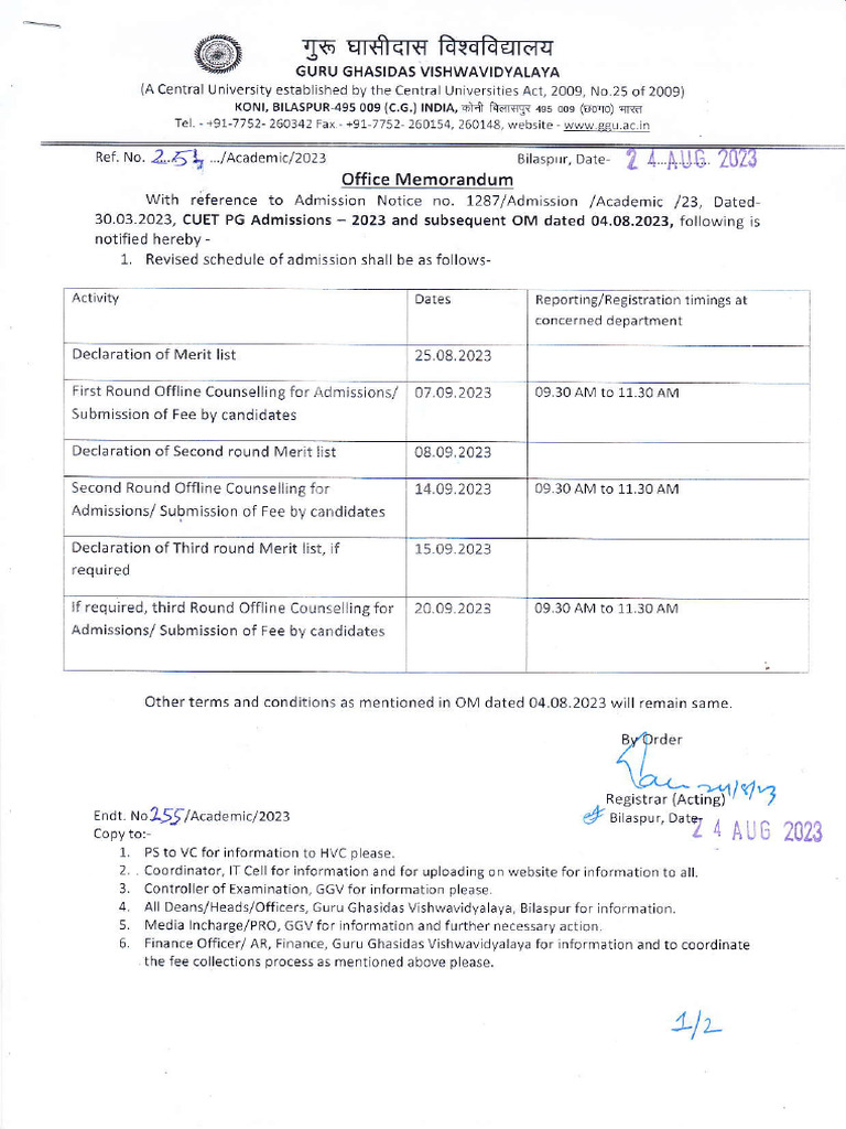 OM Revised PG Admission Schedule 25.8.23 GtT7rpO | PDF