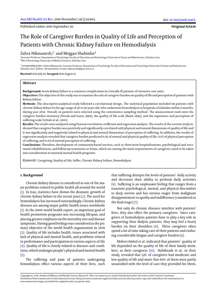 The Role of Caregiver Burden in Quality of Life and Perception of ...
