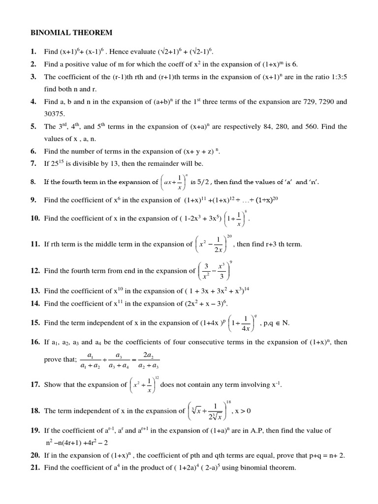 Binomial Expansion Coefficient Problems | PDF | Number Theory ...