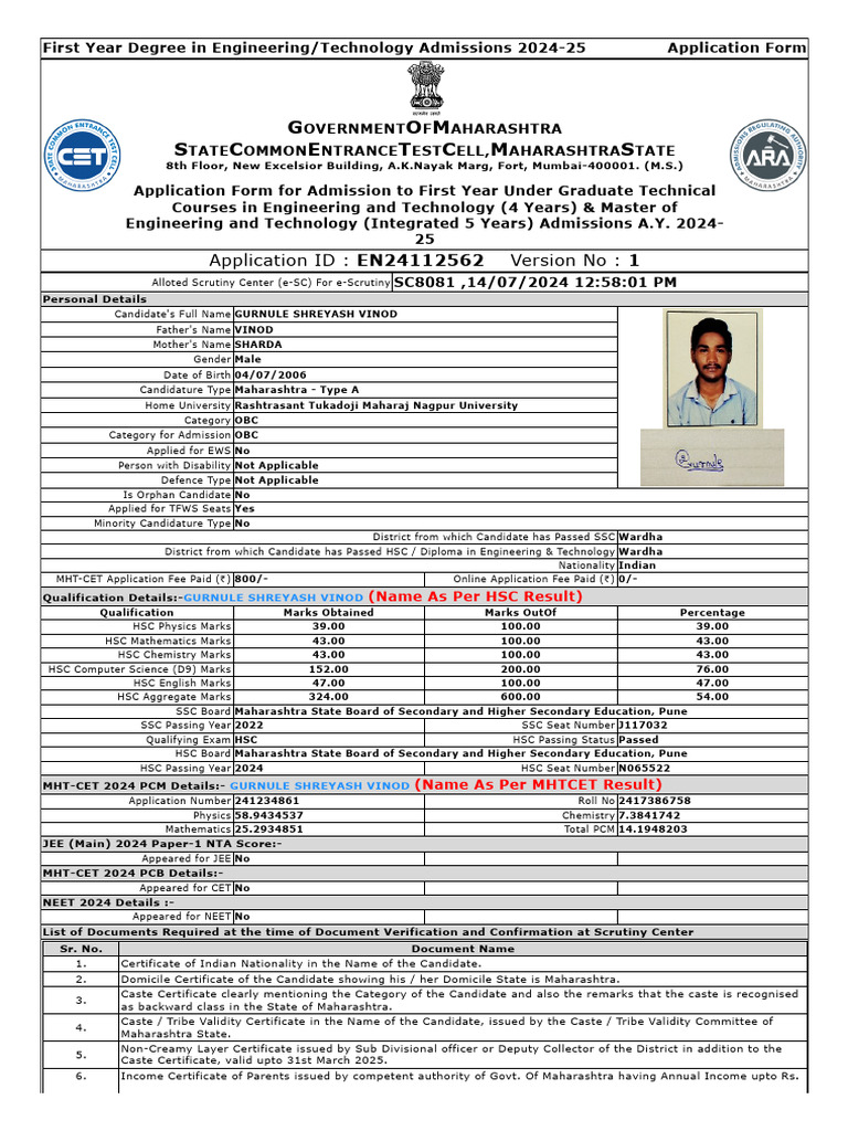MHT CET 2024-25 Admission Application | PDF | University And College ...