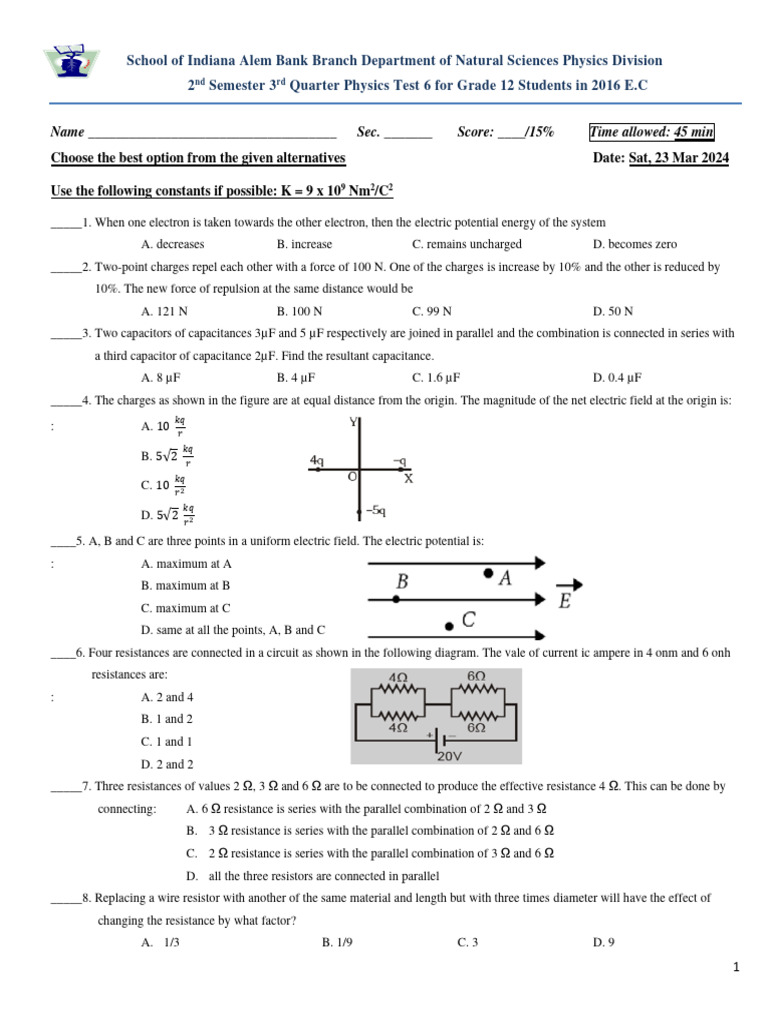 Grade 12 Physics Test 2016 E.C. | PDF | Inductor | Electrical ...
