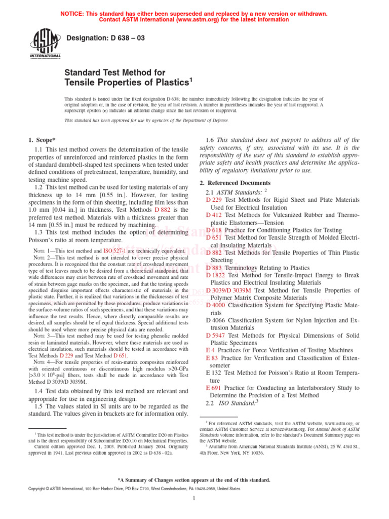 Astm D638 03 | PDF | Deformation (Engineering) | Young's Modulus