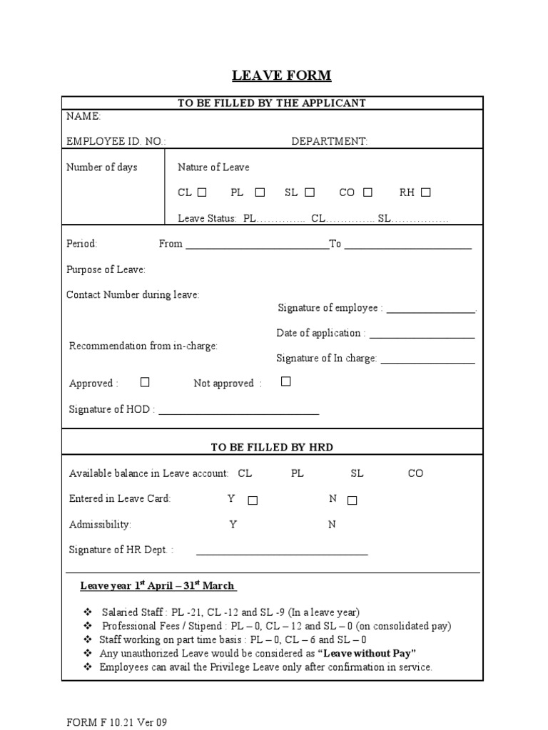 Leave Form: To Be Filled by The Applicant | PDF | Finance & Money ...