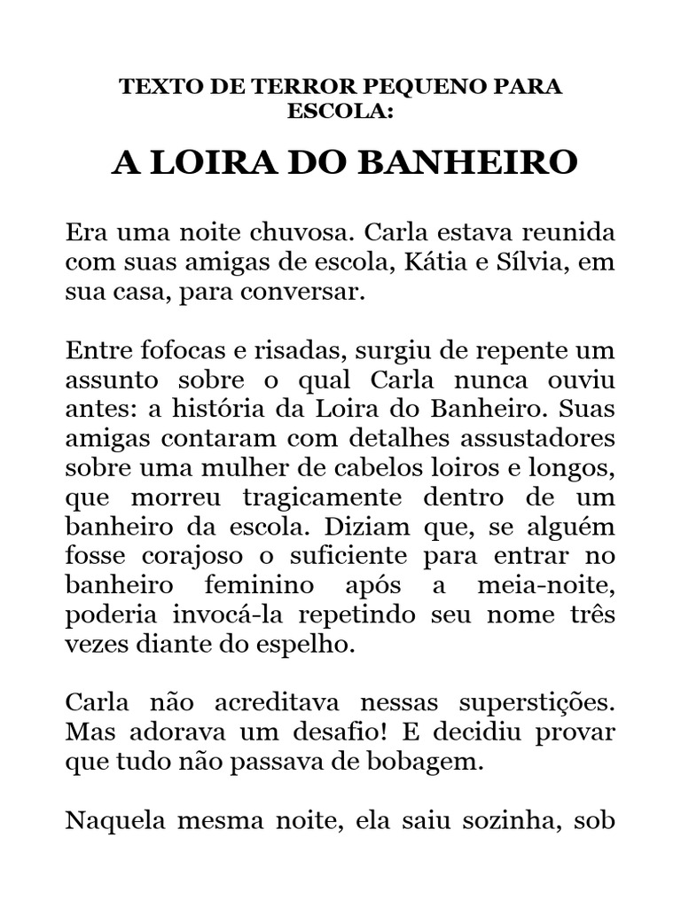 Texto de Terror Pequeno Para Escola a Loira Do Banheiro | PDF