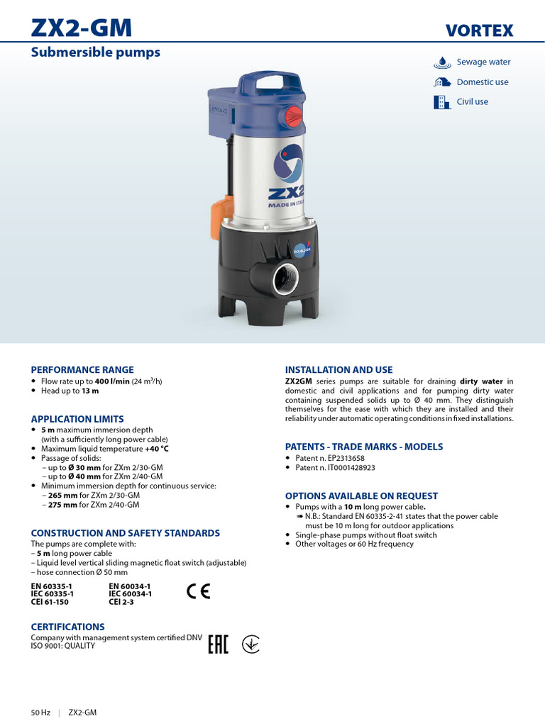 ZX2-GM Vortex Pump Specifications | PDF | Pump | Electric Motor