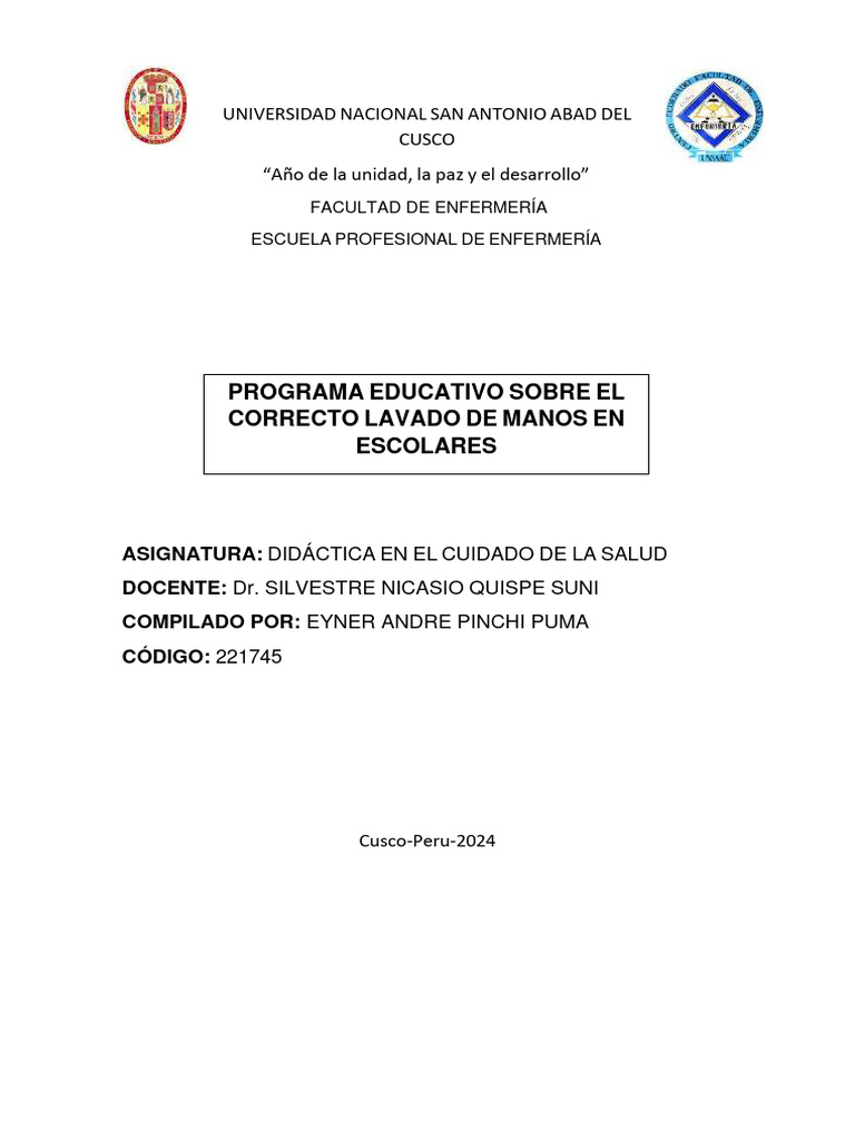 Lavado de Manos: Programa Escolar 2024 | PDF | Lavado de manos | Mano