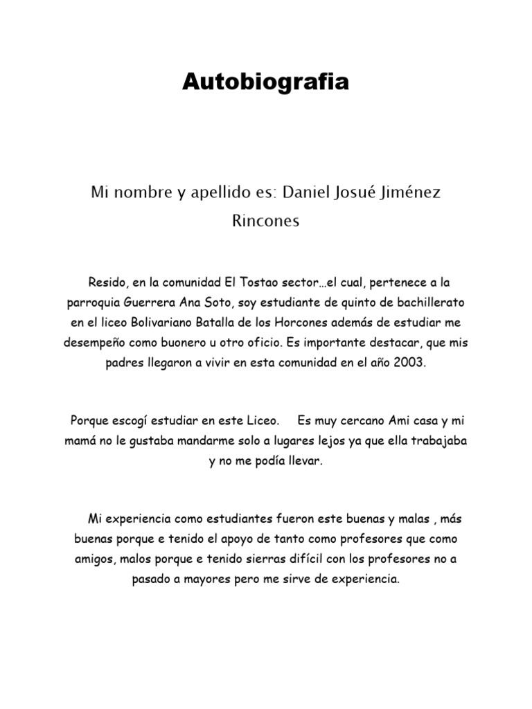 Autobiografia: Mi Nombre y Apellido Es: Daniel Josué Jiménez Rincones | PDF