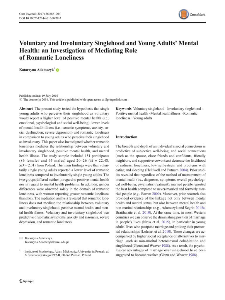 Singlehood and Mental Health in Youth | PDF | Loneliness | Mental Disorder