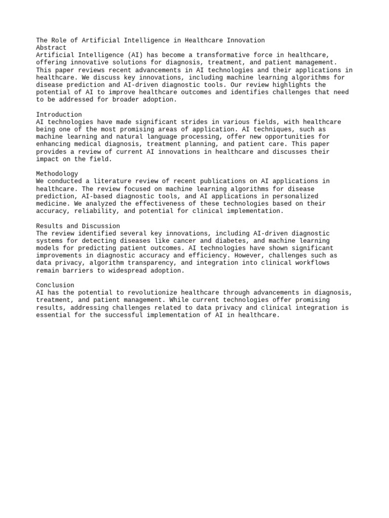The Role of Artificial Intelligence in Healthcare Innovation | PDF
