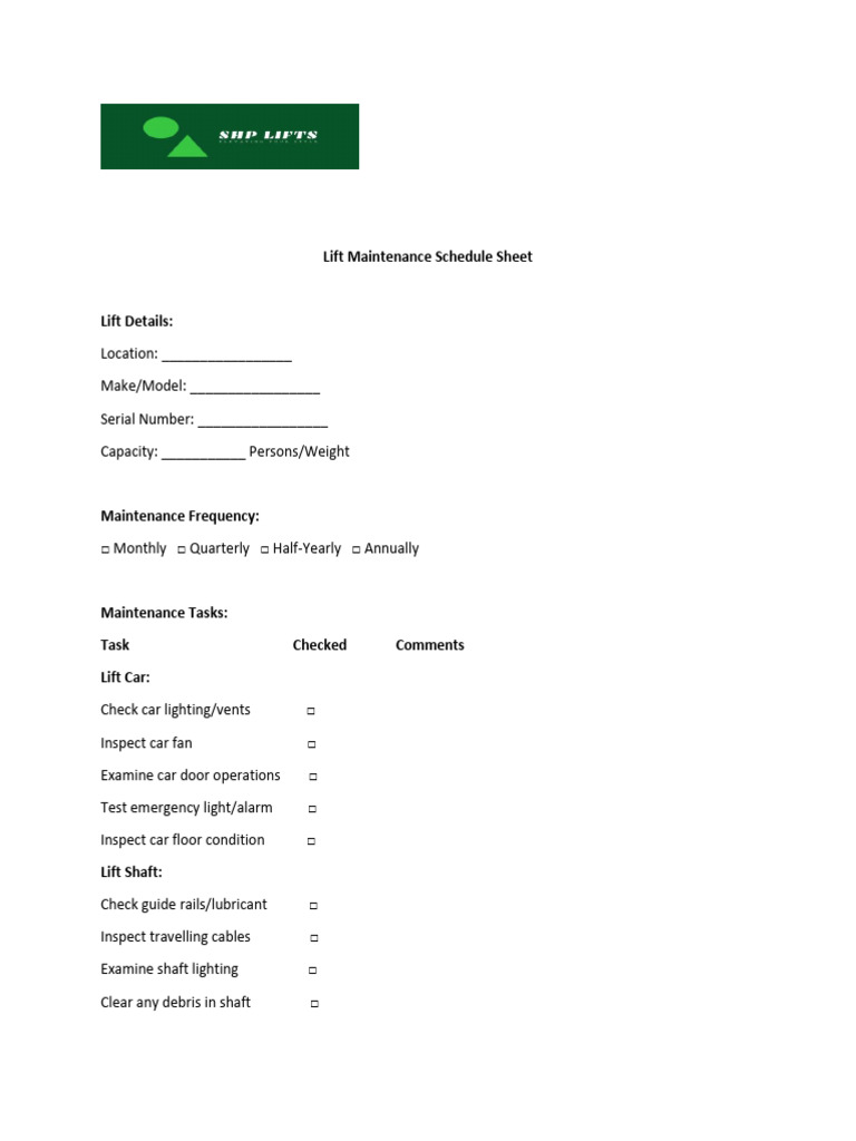 Lift Maintenance Schedule Template | PDF