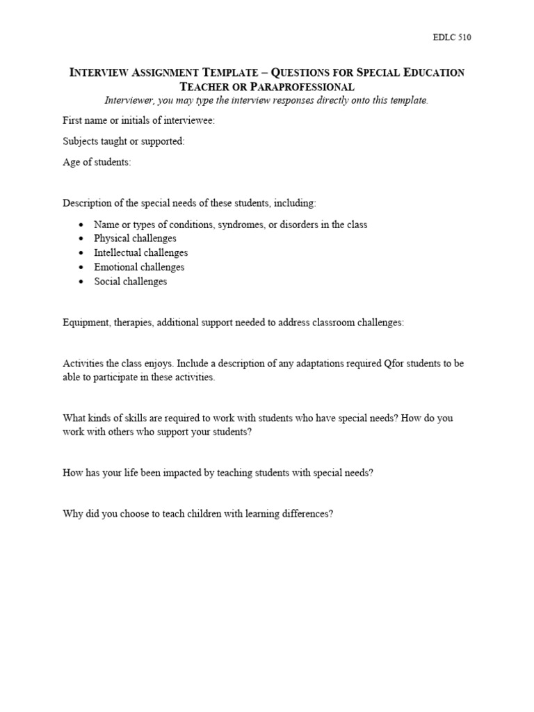 Interview Assignment Template Questions for Special Education Teacher