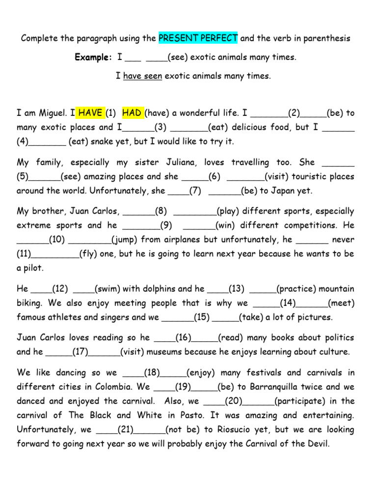 Miguel's Experiences - PRESENT PERFECT | PDF | Language Arts & Discipline