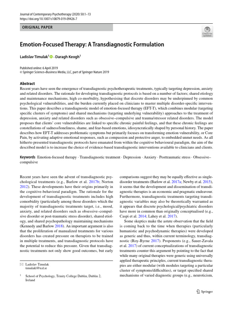 Emotion Focused Therapy A Transdiagnostic Formulation | PDF ...
