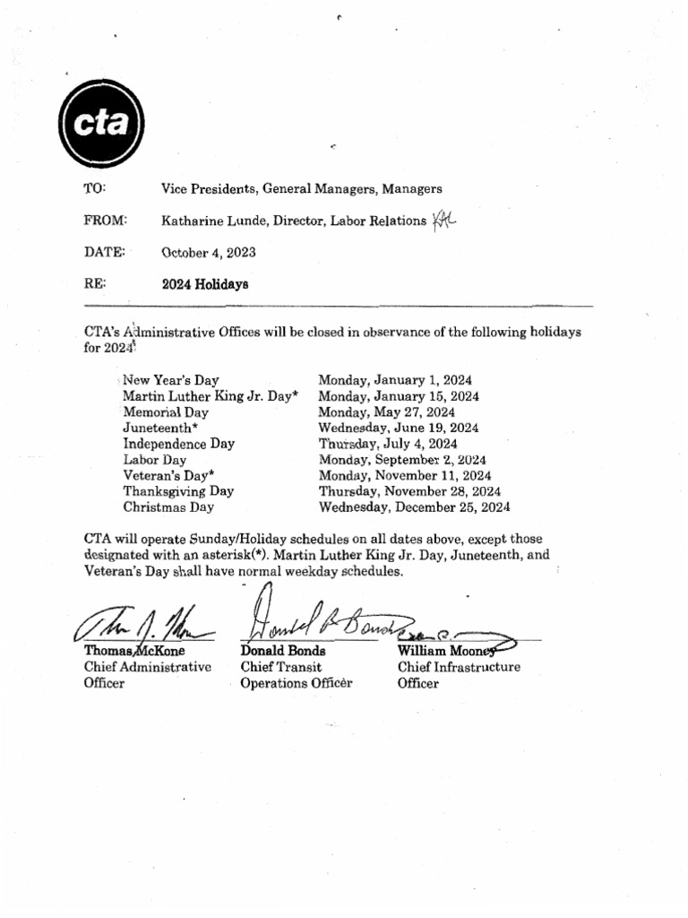 CTA Holiday Schedule (2024) PDF