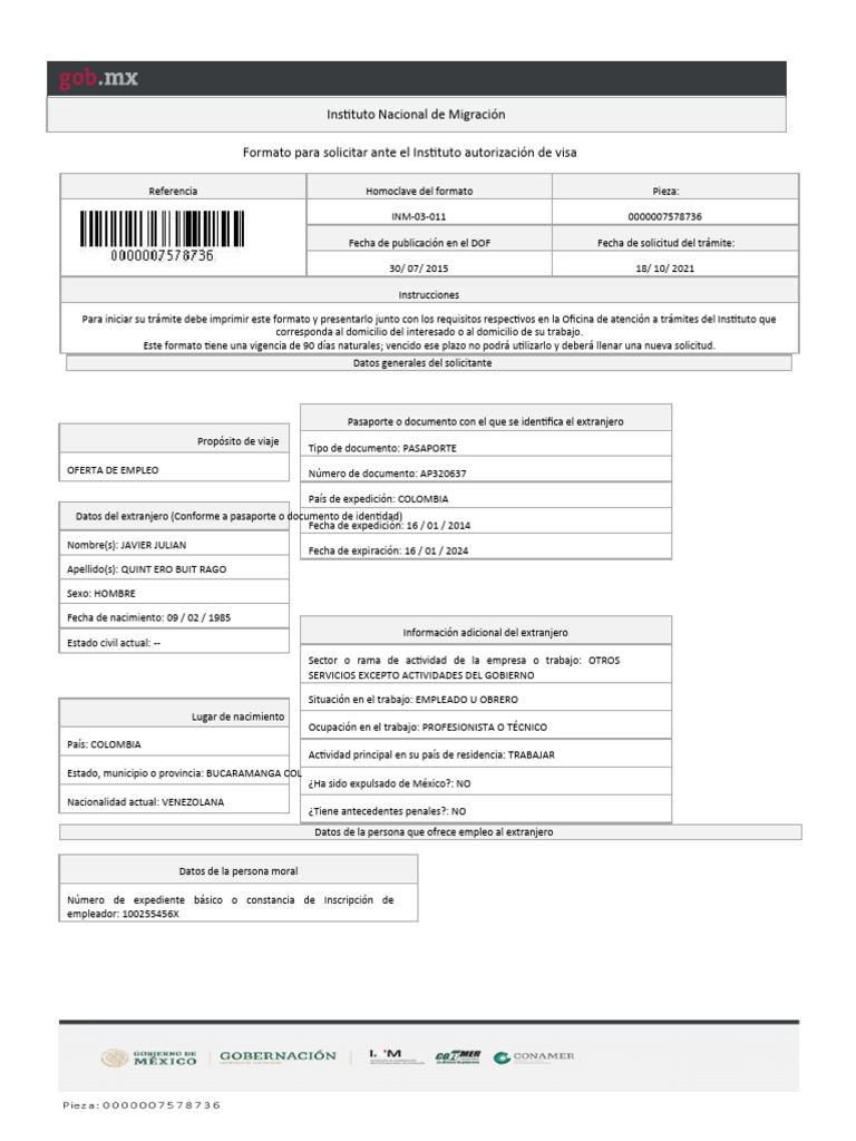 Solicitud de Visa INM: Instrucciones y Requisitos | PDF | Documento de ...