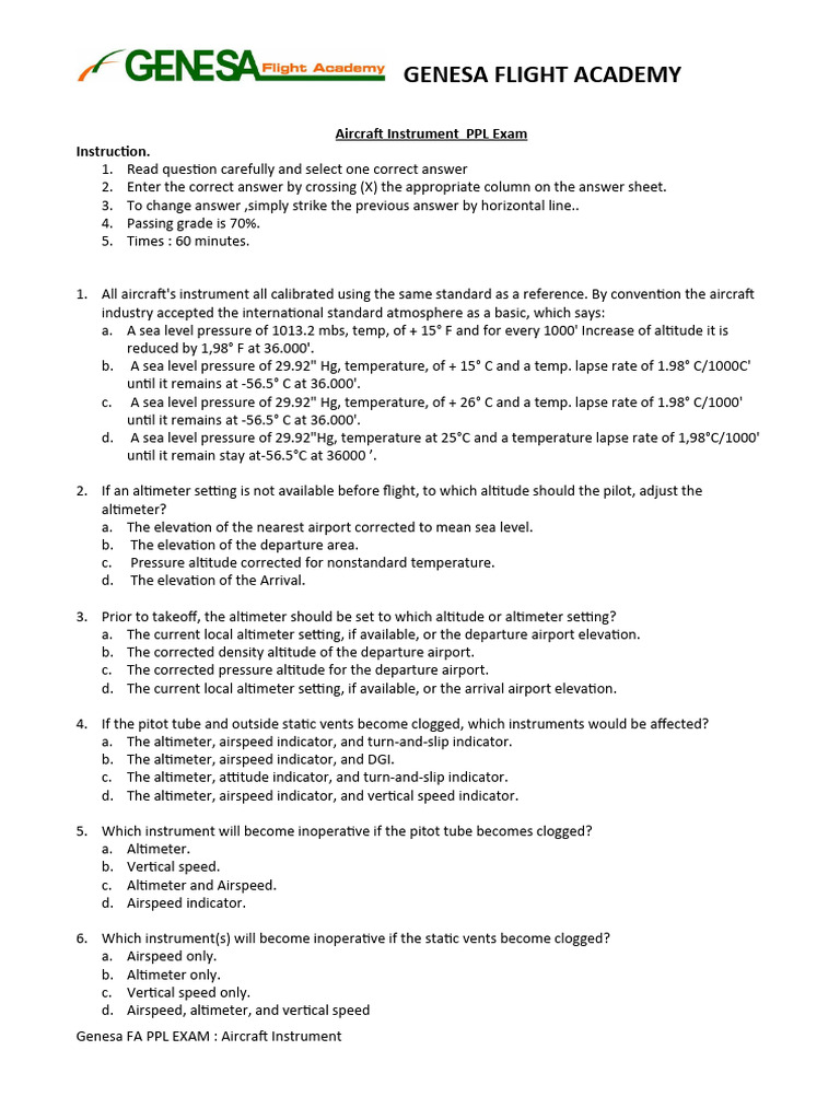 PPL Aircraft Instruments | PDF | Altitude | Sea Level