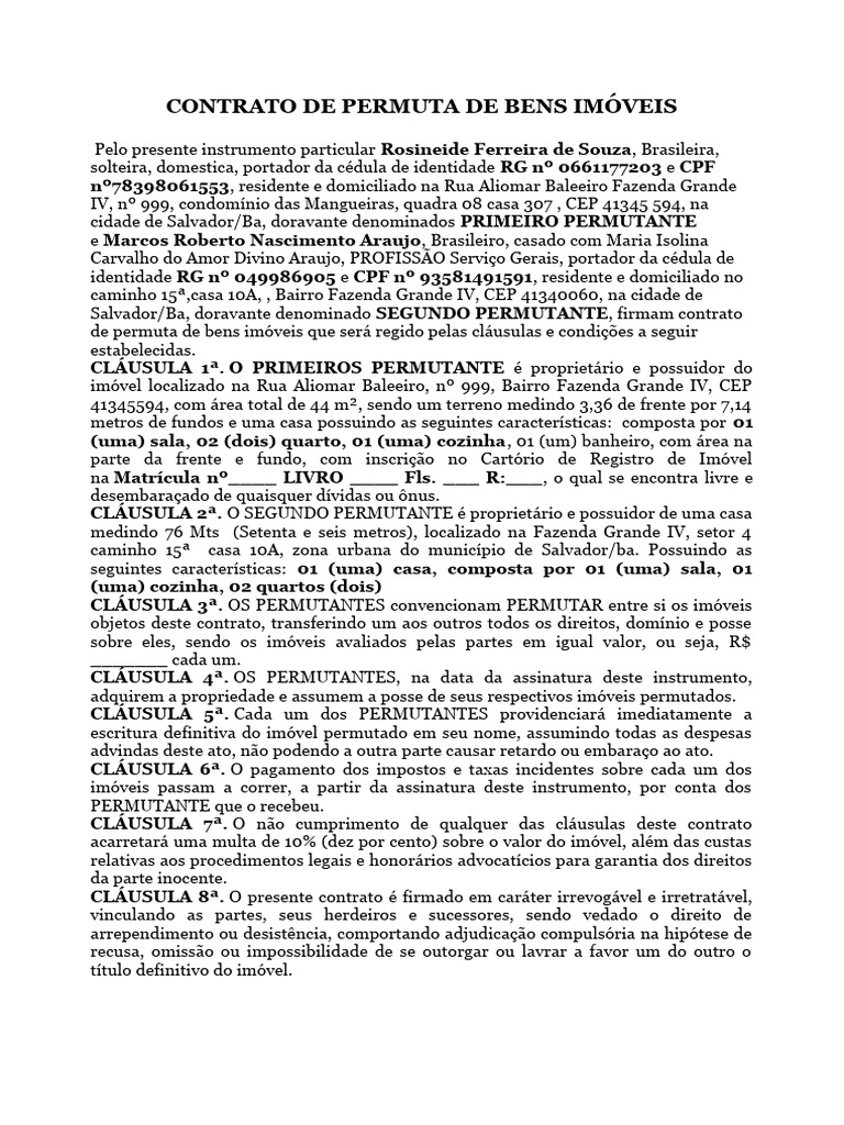 Contrato de Permuta de Imóveis em Salvador | PDF | Adjudicação | Justiça