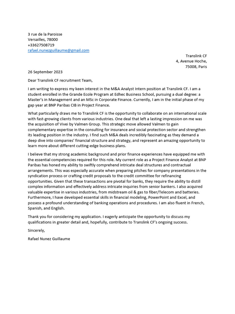 Cover Letter Translink CF M&A Analyst Intern | PDF | Bnp Paribas ...