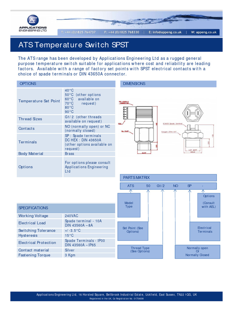ATS Temperature Switch Specifications | PDF | Switch | Electronics