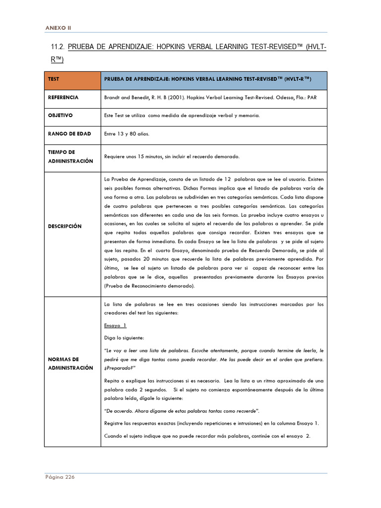 Info Hopkins HVLT-R | PDF | Memoria