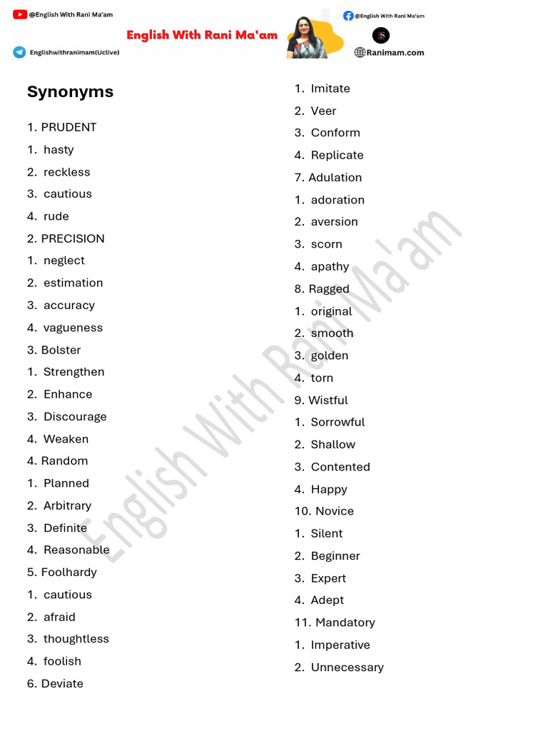 Synonyms and Antonyms List | PDF | Cooking, Food & Wine