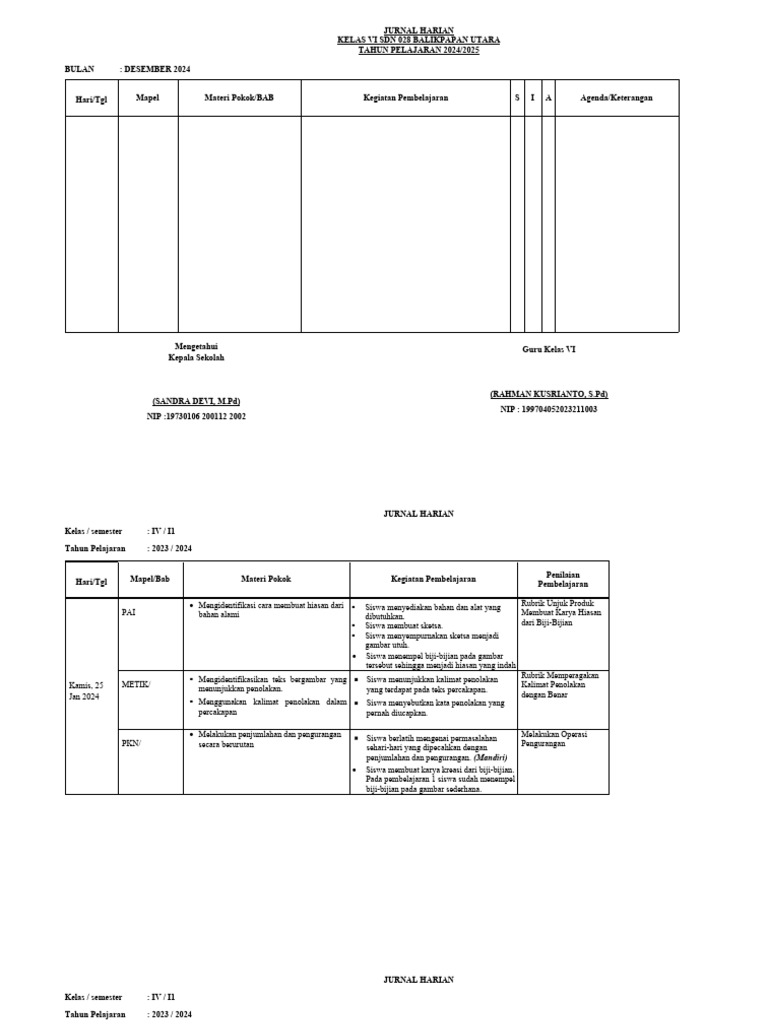 Jurnal Harian Kelas 6 Kurikulum Merdeka | PDF