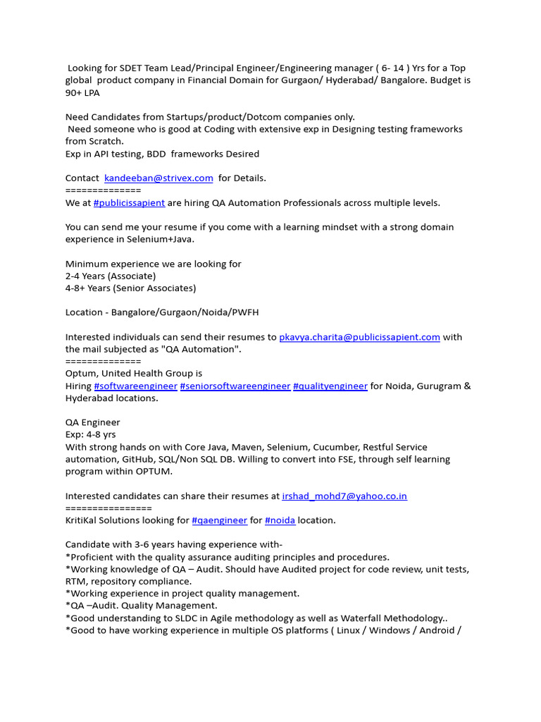 Job Openings for QA and SDET Roles in India | PDF | Quality Assurance ...