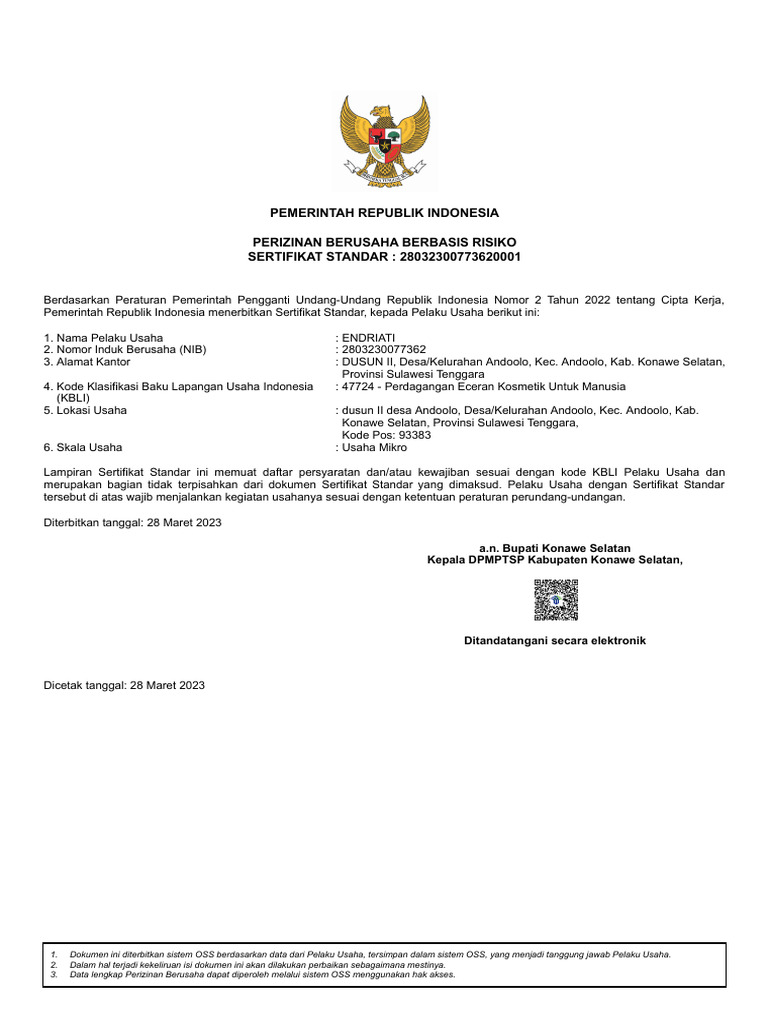 Sertifikat Standar Perizinan Usaha 2023 | PDF