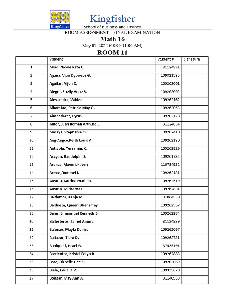 Math 16 Final Exam Room Assignment | PDF