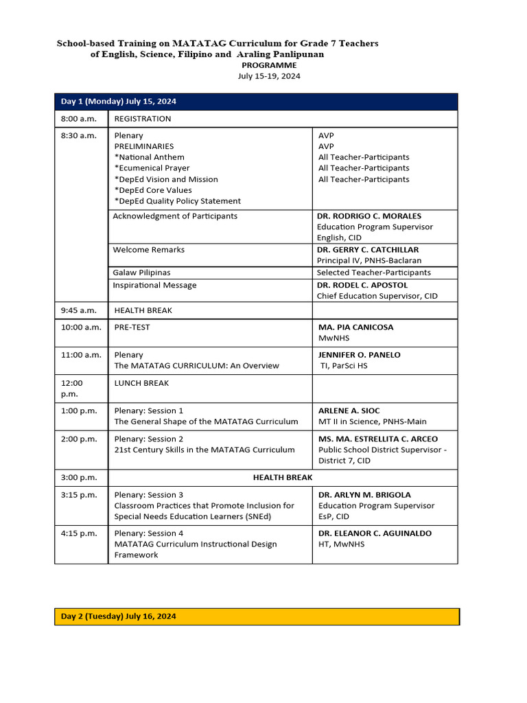 Final Programme For SBTT Matatag Grade 7 | PDF | Cognitive Science ...