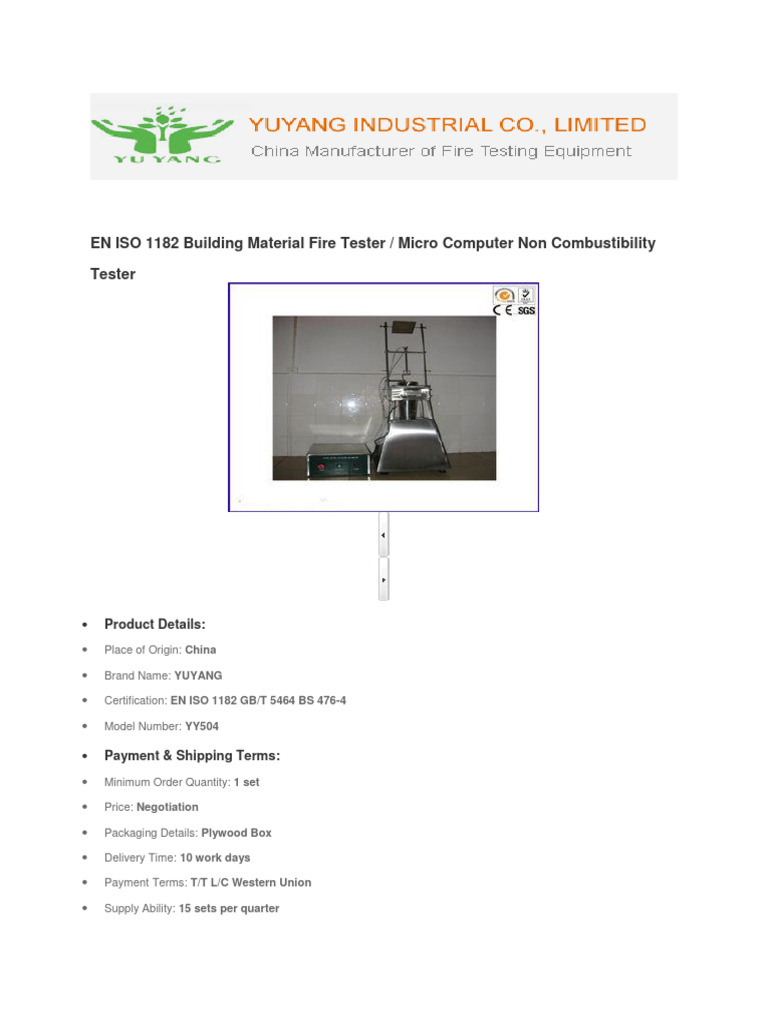 EN ISO 1182 Non-Combustibility Tester | PDF | Thermocouple | Fires