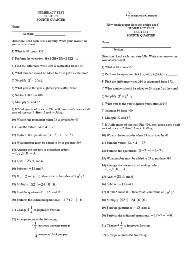 Numeracy Test Fourth Quarter Pdf Elementary Mathematics Mathematics